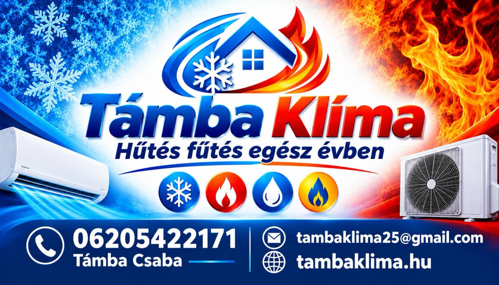 Támba Klíma logó – ház hópehellyel és lánggal, „Hűtés fűtés egész évben”, klímák és elérhetőségek